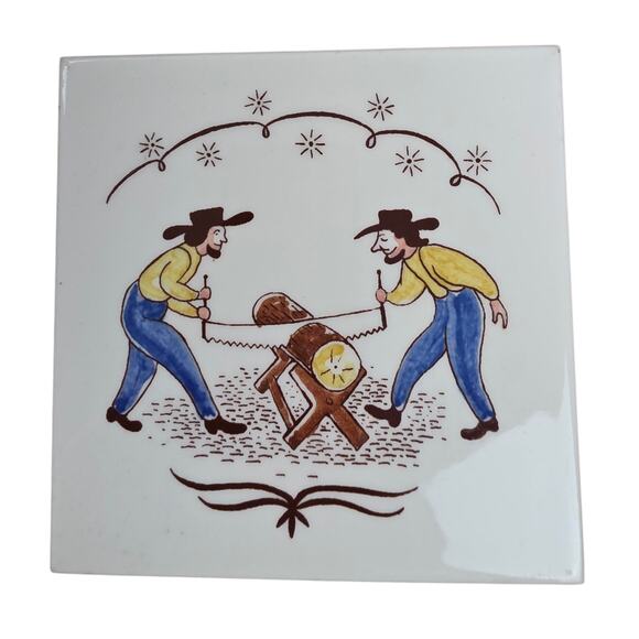 1960’s Vintage Berggren 6” Ceramic Tile Swedish Folk Art MCM Amish Dutch Trivets - Picture 1 of 3